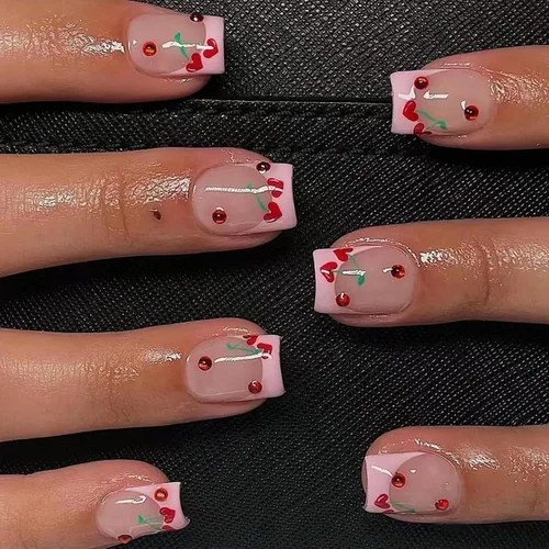 Miniatura 16 de Lindas uñas a presión de tamaño mediano - Uñas falsas cuadradas con punta francesa, uñas acrílicas rojas de cobertura completa brillantes