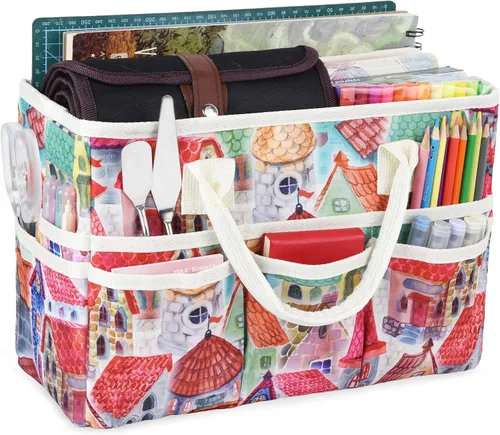Miniatura 16 de Bolsa de mano organizadora de manualidades con múltiples bolsillos, gran caddy de almacenamiento de arte con asas para arte, manualidades, costura