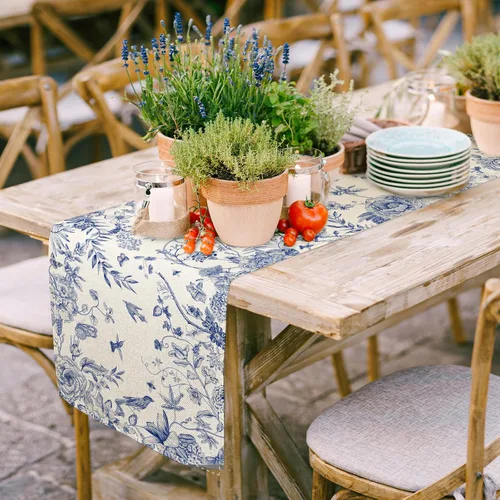 Miniatura 3 de AnyDesign Camino de mesa azul y blanco de 13 x 72 pulgadas, monocromático, pájaros, flores, cubierta de mesa retro floral para cocina, mesas