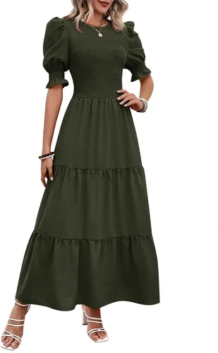 Miniatura 83 de BTFBM Vestidos para mujer, cuello redondo, casual, de verano, con volantes, manga corta, bohemio, con niveles, fruncido, largo, con estampado floral