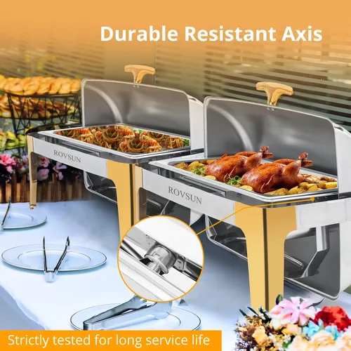 Miniatura 5 de ROVSUN Juego de platos de bufé con tapa enrollable, con detalles dorados, NSF de 9 cuartos de galón de acero inoxidable rectangular, juego