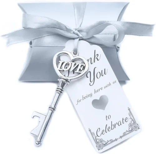 Aokbean Paquete de 50 unidades con diseño de esqueleto y llavero de amor, caja de caramelos, cinta de agradecimiento para regalos de boda, regalo de