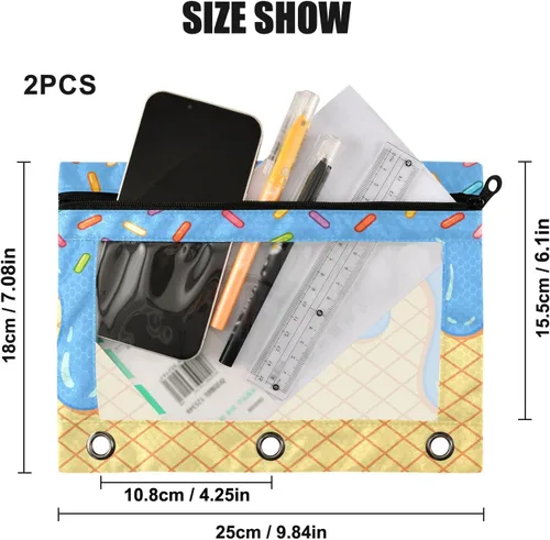 Miniatura 3 de Estuche para lápices de helado azul para 3 bolsillos para carpetas de anillos, bolsa transparente para lápices con cremallera suave, estuche rojo