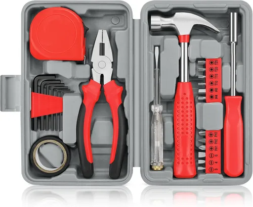 Kit de herramientas de bricolaje de 24 piezas para el hogar, oficina y garaje - Juego de herramientas de mano pequeñas de reparación general con Rojo