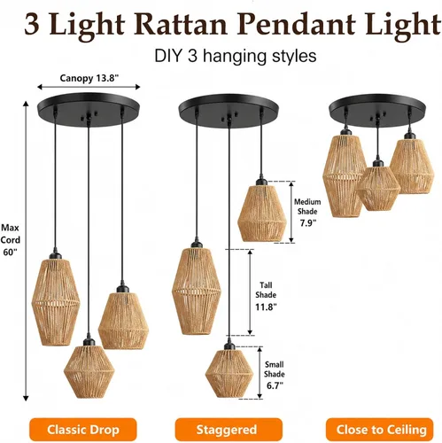 Miniatura 2 de Lámpara colgante de ratán de 3 luces, candelabro bohemio tejido a mano, lámpara colgante de mimbre, lámpara de cocina y comedor sobre mesa, luz