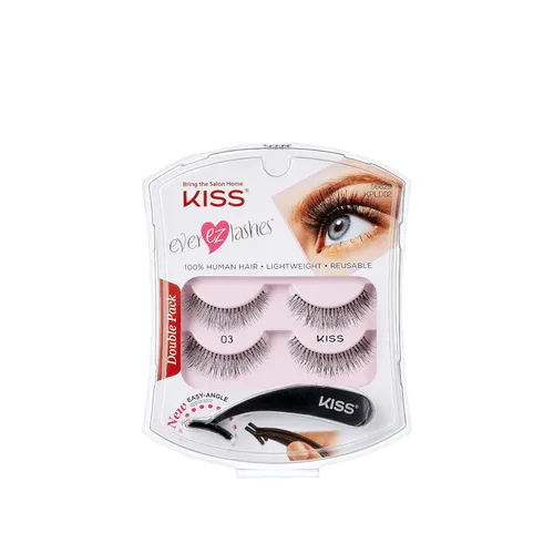 KISS Ever EZ Lashes - Paquete doble No. 03, kit de inicio de pestañas naturales reutilizables, incluye aplicador de ángulo fácil y 2 pares de Negro