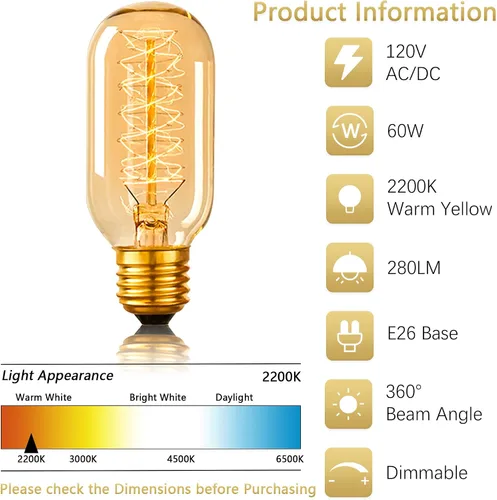 Miniatura 3 de Bombillas Edison incandescentes T45 retro de 40 W, 6 paquetes, 110-130 V, base E26 regulable, bombilla Edison 6 paquetes, 2200 K ámbar amarillo