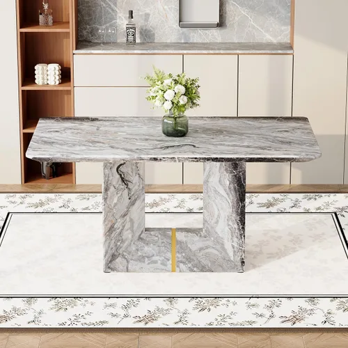 Miniatura 29 de Mesa de comedor negra de 63 pulgadas Mesa de comedor moderna Mesa rectangular de madera con patas en forma de U de alta resistencia Estable