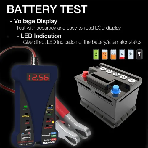 Miniatura 3 de MOTOPOWER MP0514B - Voltímetro digital de batería de 12 V y analizador de sistema de carga con pantalla LCD e indicación LED, pintura de caucho azul