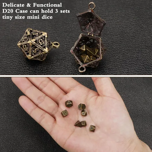 Miniatura 2 de Syhood Juego de dados pequeños, 7 piezas de dados pequeños de metal hueco D20, estuche para collar, llavero, juegos de mesa para juegos de rol
