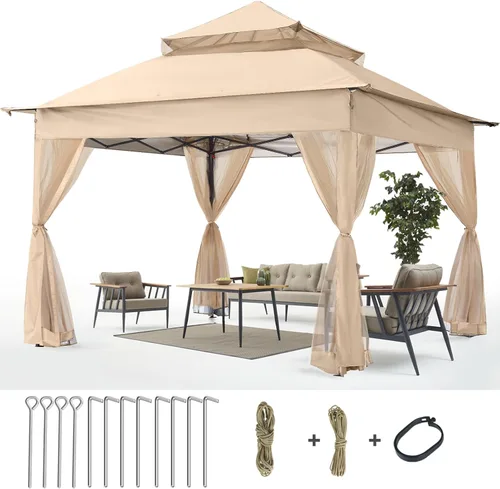 Miniatura 2 de ABCCANOPY Gazebo desplegable de 11 x 11 pies - Tienda de campaña con toldo para exteriores con mosquitera para patio, jardín y patio trasero (caqui)