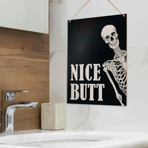 Miniatura 5 de UDNADKEX Divertido letrero decorativo para colgar en la pared del baño, bonito trasero, polvo de inodoro, decoración retro, esqueleto para baño
