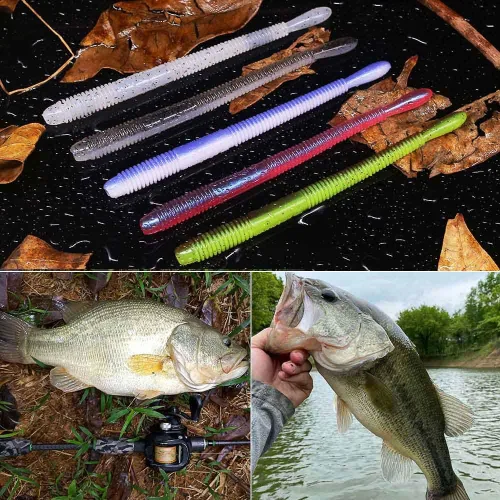 Miniatura 6 de Aparejos de pesca de gusanos de plástico suave para lubina, gusanos de goma de 4 pulgadas, gusanos locos, cebos de cola recta, kit de 49 piezas