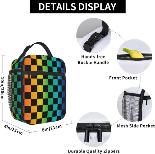 Miniatura 4 de Bolsa de almuerzo a cuadros negra y arco iris, portátil, reutilizable, con cremallera, para picnic, trabajo, oficina, viajes, escuela