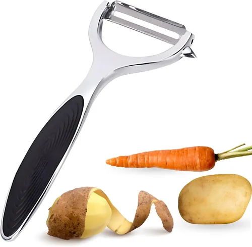 Pelador en Y, peladores para cocina con una cuchilla afilada y removedor de ojos + agarre negro para apoyar mejor los peladores de verduras para