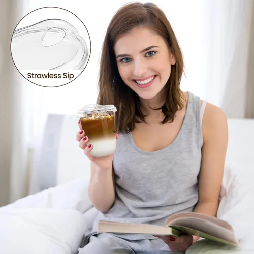 Miniatura 5 de Vasos de plástico transparente de 12 onzas con tapas para sorber sin pajilla, paquete de 50 vasos desechables para café helado con fondo redondo
