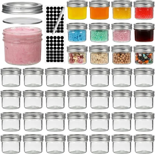 Miniatura 9 de Paquete de 40 tarros de vidrio de 4 onzas con tapas negras, mini tarro de boca regular, tarros de conservas para miel, mermelada, gelatina, recuerdo