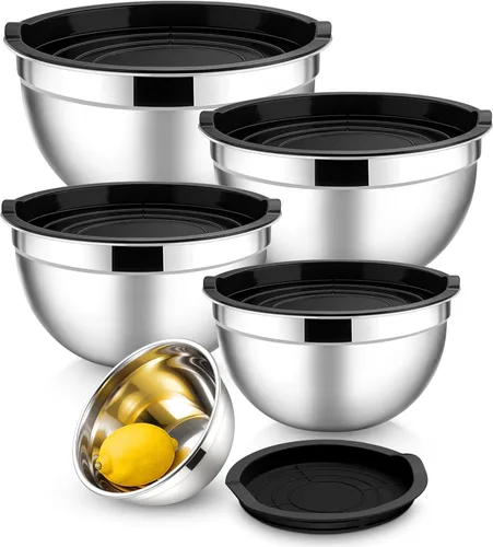 Miniatura 18 de E-far Tazones para mezclar con tapas, juego de 6 piezas de tazones para ensalada de acero inoxidable, tazones de metal anidables para hornear, Azul