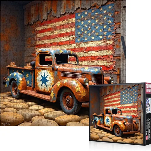 Rompecabezas de Camión Vintage - 1000 piezas Rompecabezas Grande de Papel para Adultos, Diseño Rústico de Bandera Americana, Decoración del Hogar