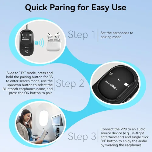 Miniatura 5 de Adaptador receptor transmisor Bluetooth 5.3 para avión, compatible con 2 AirPods o auriculares con aptX de baja latencia, conector AUX de 0.138 in