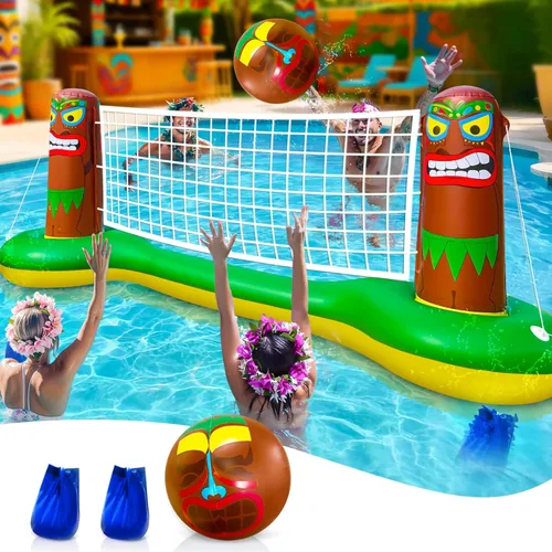 TURNMEON Luau Tiki - Juego inflable de red de voleibol para piscina, grande de 105 x 28 x 35 pulgadas, juego de juguetes acuáticos flotantes con