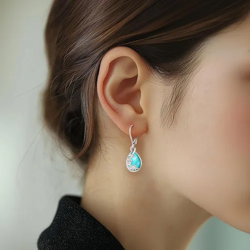 Miniatura 72 de Aretes colgantes de plata de ley con diseño de árbol de la vida, flor, abeja, animales, gato, colibrí, piedra lunar, turquesa, aretes con cierre