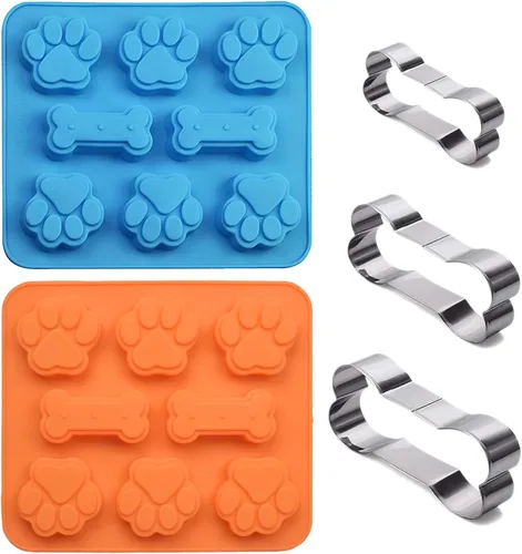 Miniatura 7 de Juego de 5, moldes de silicona en forma de pata y hueso de cachorro y perro 2 en 1 y cortador de galletas de hueso de acero inoxidable, para Azul