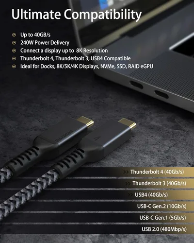 Miniatura 6 de Maxonar Cable Thunderbolt 4, compatible con sincronización de datos de 40 Gbps, carga de 240 W y 8K/5K a 60 Hz para dispositivos Thunderbolt 4/3