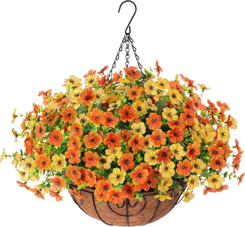 Miniatura 11 de HyeFlora Plantas Colgantes Artificiales Falsas con Flores y Cesta para Decoración Exterior, Arreglos Florales de Seda Sintética de Margaritas