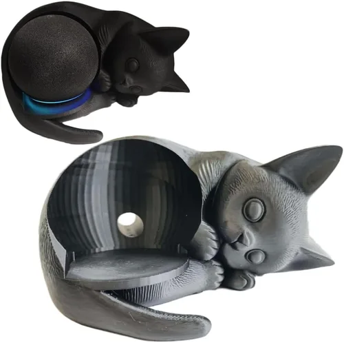 Soporte impreso en 3D con forma de gato para Echo Dot 5ª generación, organizador de escritorio negro PLA+ compatible con Echo Dot 5, bonita