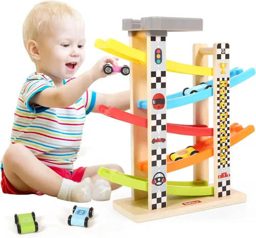 Belleur - Juego Montessori para niños de 1 a 3 años, pista de carreras de coches para niños pequeños con 5 coches mini y 5 rampas, juego de juguetes