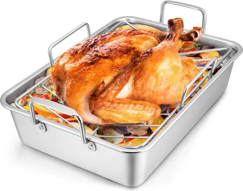 Miniatura 8 de LIANYU Sartén para asar pavo de 14 pulgadas, con 2 estantes, de acero inoxidable resistente, para lasaña profunda, para pavo, pollo, lavavajillas
