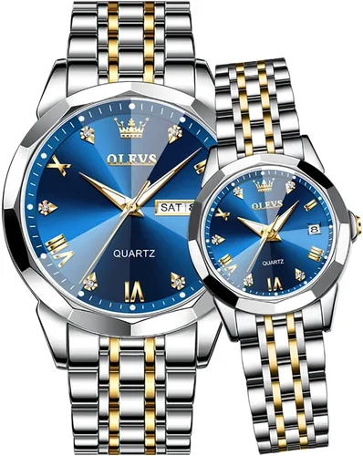Miniatura 7 de OLEVS Reloj para parejas para él y ella, reloj analógico de cuarzo para hombres y mujeres, de acero inoxidable, impermeable, luminoso, fecha, reloj