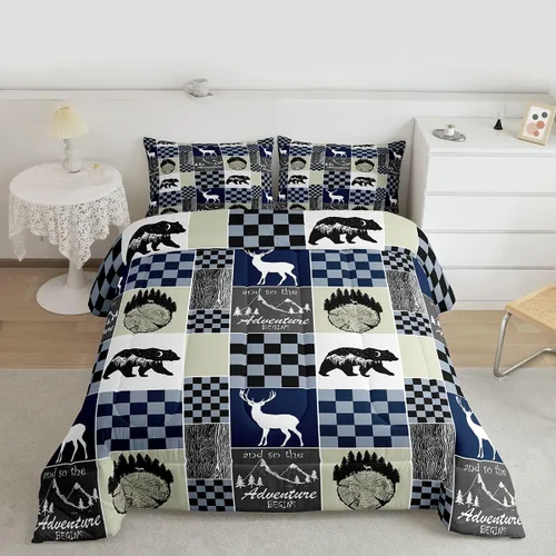 Miniatura 12 de Juego de edredón de oso y ciervo, tamaño individual, ropa de cama de animales salvajes de caza, colcha rústica de cabaña, casa de campo, cuadros