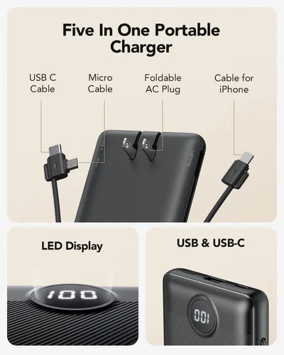 Miniatura 2 de Cargador portátil, banco de energía integrado y enchufe de pared de CA, banco portátil VRURC USB C de 10000 mAh, cargador de teléfono esencial