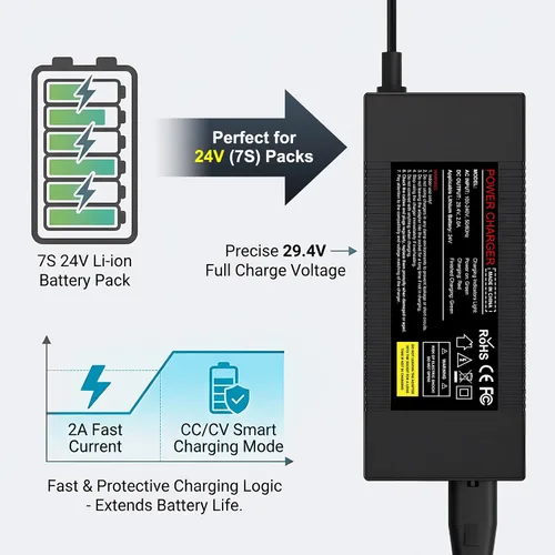 Miniatura 4 de Cargador de batería de litio de 24 V, adaptador de corriente universal de 29.4 V 2 A para batería de iones de litio 7S 24V con conector de CC