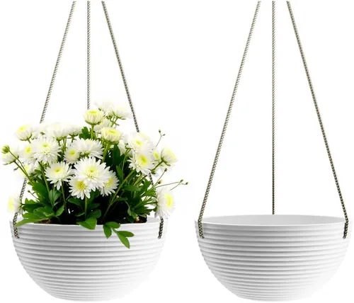 Miniatura 10 de Asnext Maceta colgante de 10 pulgadas con patrón de línea para plantas de interior y exterior, paquete de 2 macetas colgantes redondas para plantas