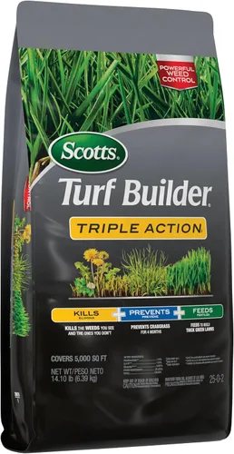 Miniatura 12 de Scotts Turf Builder Triple Action1, combinación de control de malezas, prevención de malezas y fertilizante, 25-0-2, 5,000 pies cuadrados, 14.10