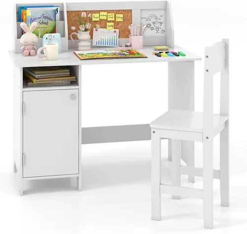Costzon Juego de escritorio y silla para niños, mesa de estudio de madera para niños con almacenamiento, gabinete, tablero de anuncios de corcho,