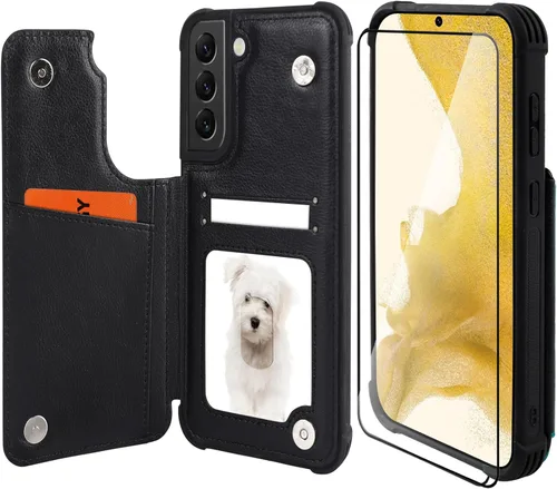 Miniatura 10 de VANAVAGY Funda tipo cartera compatible con Galaxy S22 con soporte para tarjetas de bloqueo RFID, piel sintética, cierre magnético, función atril