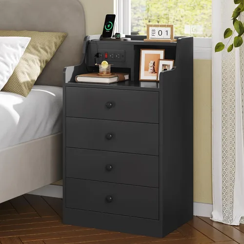 Miniatura 7 de ADORNEVE Mesita de noche grande con estación de carga, mesita de noche negra para dormitorio, mesa auxiliar alta con aparador y 4 cajones, mesa