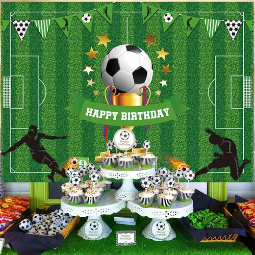 Miniatura 7 de Cartel de fondo de feliz cumpleaños de fútbol de 5 x 3 pies, decoraciones de fiesta temática deportiva para niños y niños, suministros de fiesta