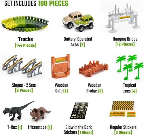 Miniatura 7 de JITTERYGIT - Juego de pista de carreras de dinosaurios jurásicos que brillan en la oscuridad, juguete de mundo de dinosaurios, pista de carreras