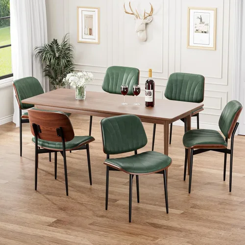 REONEY Juego de 6 sillas de comedor, sillas modernas de mediados de siglo tapizadas en cuero PU con respaldo de madera curvada de nogal y patas de