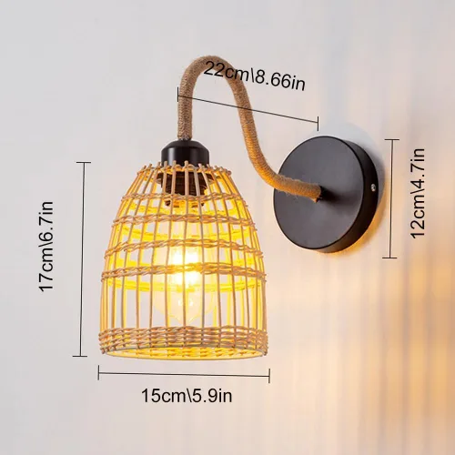 Miniatura 6 de Aplique de pared de ratán hecho a mano, lámpara de mimbre estilo granja, luz vintage, retro, negro, E26 E27, accesorio de iluminación para sala
