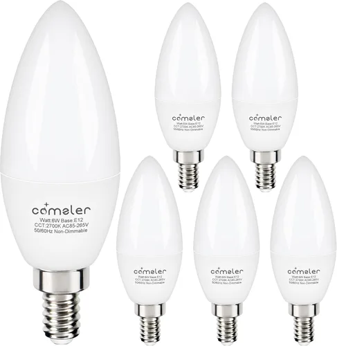 comzler Bombilla LED E12 de 2700 K, luz blanca cálida suave, bombillas de araña equivalente a 60 W, bombilla CRI85+ de 6 W, 120 V, 600 LM, bombillas