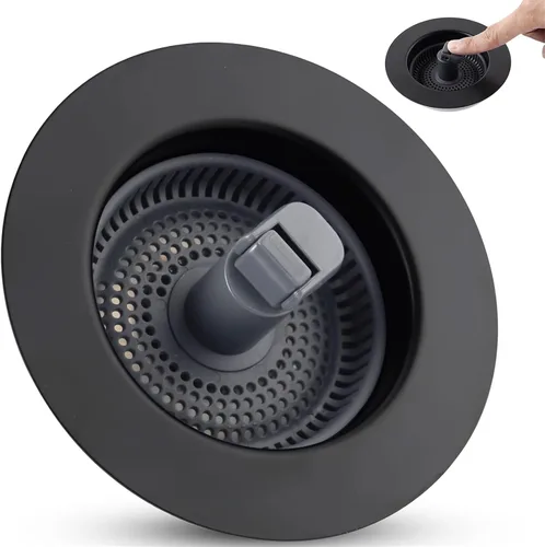 Miniatura 15 de Combo Universal 3 en 1 de Colador y Tapón de Drenaje para Fregadero de Cocina, Carcasa de Acero Inoxidable Negro con Tapón Emergente para Filtro
