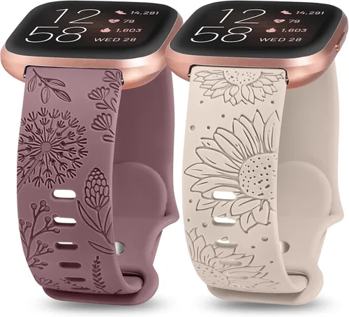 Minyee Paquete de 2 correas con grabado floral compatibles con Fitbit Versa 2/Fitbit Versa/Versa Lite para mujeres, linda correa deportiva de Humo