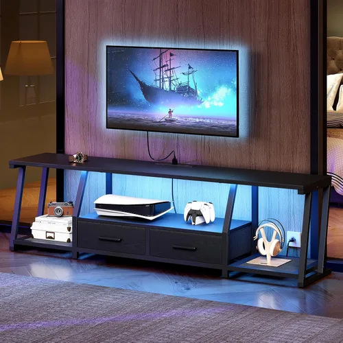 RALGEND Soporte de TV LED para TV de 80 pulgadas, centro de entretenimiento con estantes abiertos y tomas de corriente, mesa consola de TV con