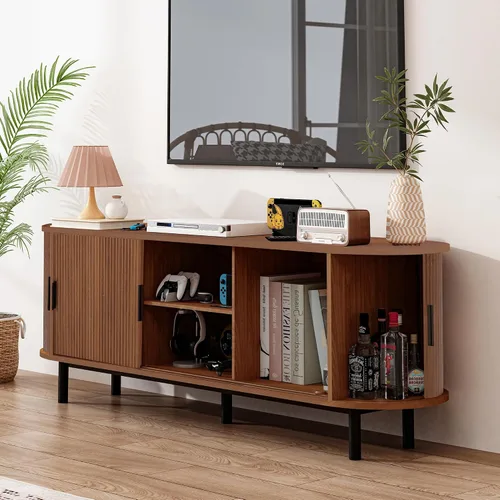 Miniatura 6 de FurSch Soporte de TV con puerta de tambor de 62 pulgadas, mueble de TV moderno de madera de mediados de siglo para TV de hasta 75 pulgadas, soporte